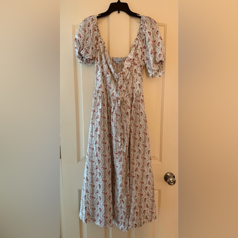 Hill House Ophelia Pink and White Vine Floral Puff Sleeve Dress